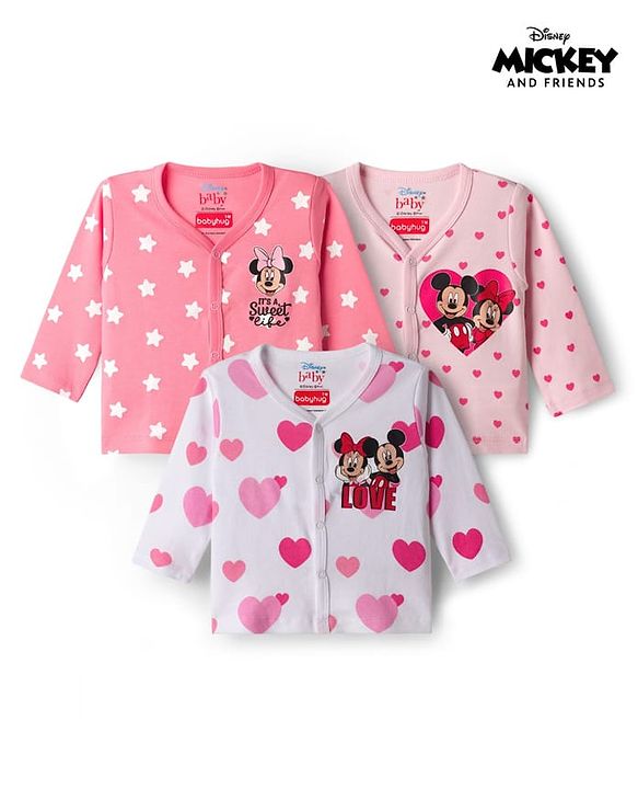 Babyhug Disney Interlock Knit Full Sleeves Jhablas With Minnie & Friends Print Pack Of 3 - Pink White & Dark Pink