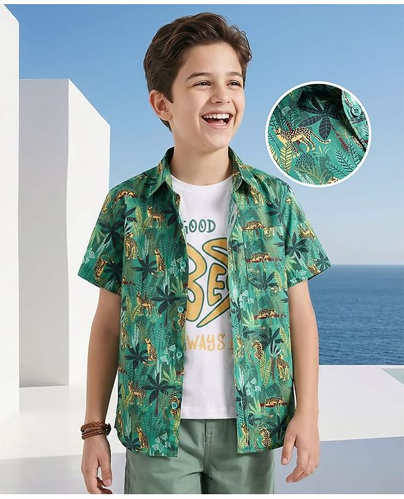 Pine Kids Cotton Woven Half Sleeves Animal Printed Shirt With T-Shirt - Multicolour