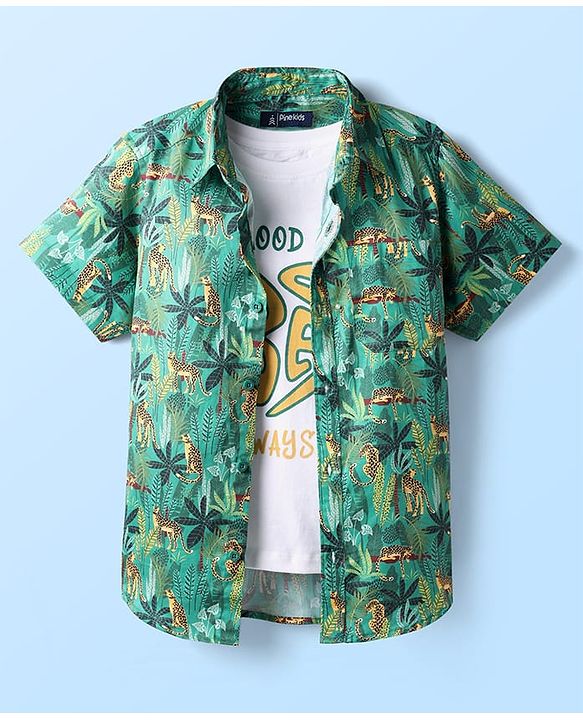 Pine Kids Cotton Woven Half Sleeves Animal Printed Shirt With T-Shirt - Multicolour