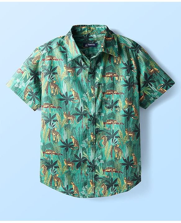 Pine Kids Cotton Woven Half Sleeves Animal Printed Shirt With T-Shirt - Multicolour