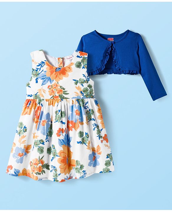 Babyhug Cotton Woven Floral Print Frock with Full Sleeves Shrug - White & Blue
