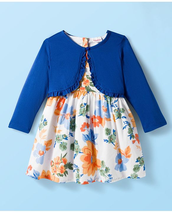 Babyhug Cotton Woven Floral Print Frock with Full Sleeves Shrug - White & Blue
