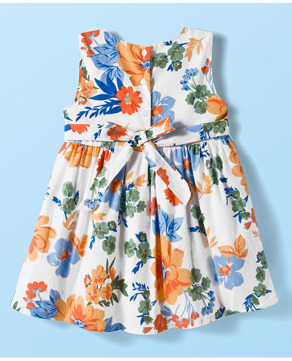 Babyhug Cotton Woven Floral Print Frock with Full Sleeves Shrug - White & Blue