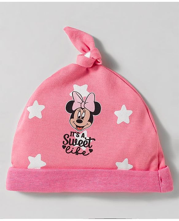 Babyhug Disney Interlock Knit Knot Cap with Minnie Mouse Graphics Pack of 3 Pink & White - Diameter 10 cm
