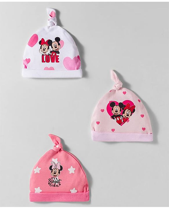 Babyhug Disney Interlock Knit Knot Cap with Minnie Mouse Graphics Pack of 3 Pink & White - Diameter 10 cm