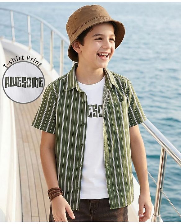Pine Kids Cotton Woven Half Sleeves Striped Shirt With T-Shirt - Green