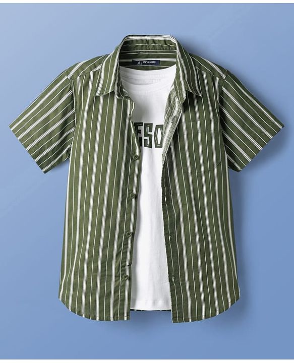 Pine Kids Cotton Woven Half Sleeves Striped Shirt With T-Shirt - Green