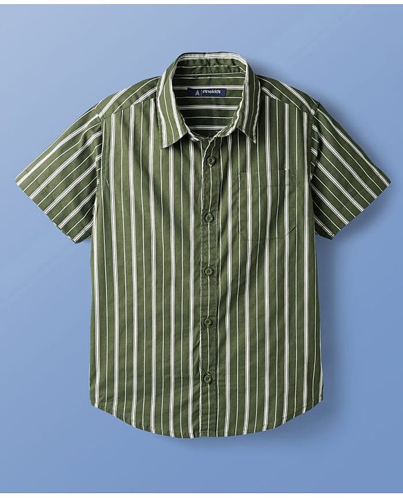 Pine Kids Cotton Woven Half Sleeves Striped Shirt With T-Shirt - Green