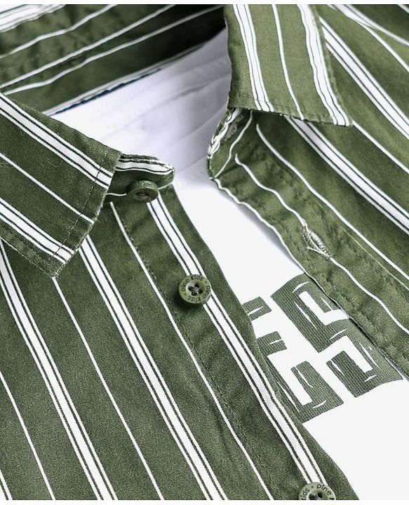Pine Kids Cotton Woven Half Sleeves Striped Shirt With T-Shirt - Green