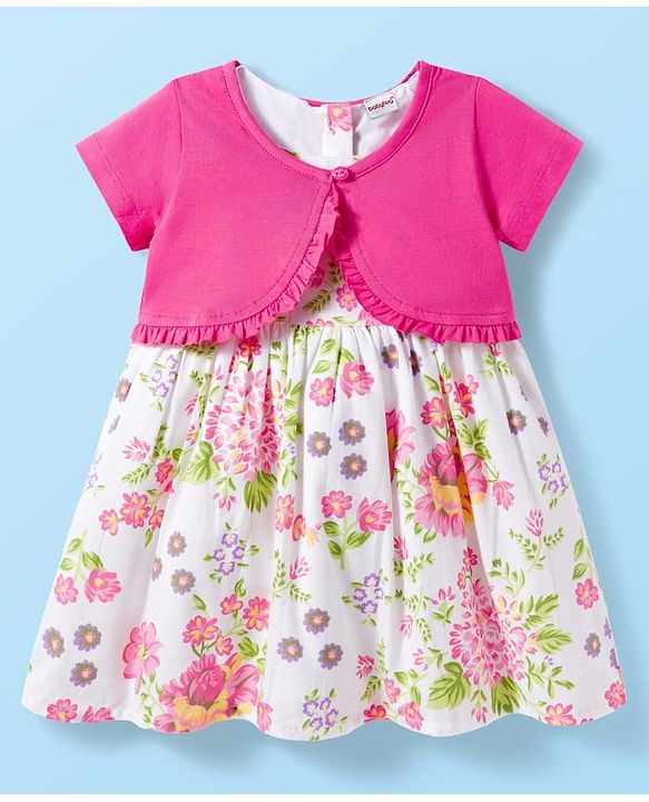 Babyhug Cotton Woven Half Sleeves Frock With Shrug & Floral Print - Pink & White