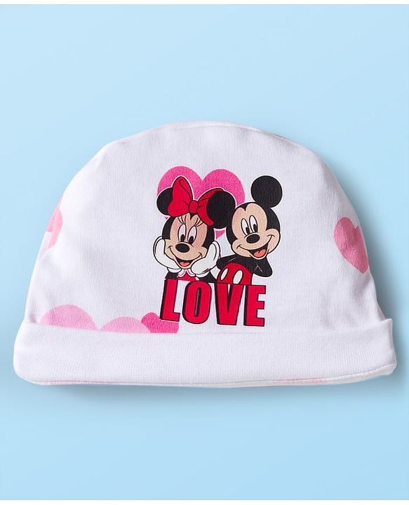 Babyhug Disney Interlock Knit Cap Mitten & Booties Set with Minnie Mouse & Friends White - Diameter 10 cm