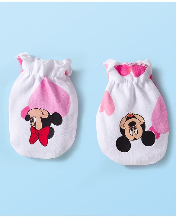 Babyhug Disney Interlock Knit Cap Mitten & Booties Set with Minnie Mouse & Friends White - Diameter 10 cm