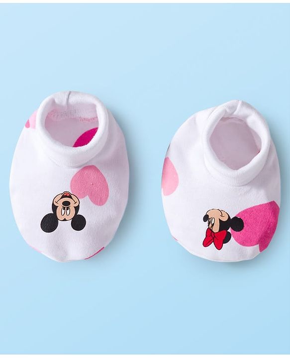 Babyhug Disney Interlock Knit Cap Mitten & Booties Set with Minnie Mouse & Friends White - Diameter 10 cm