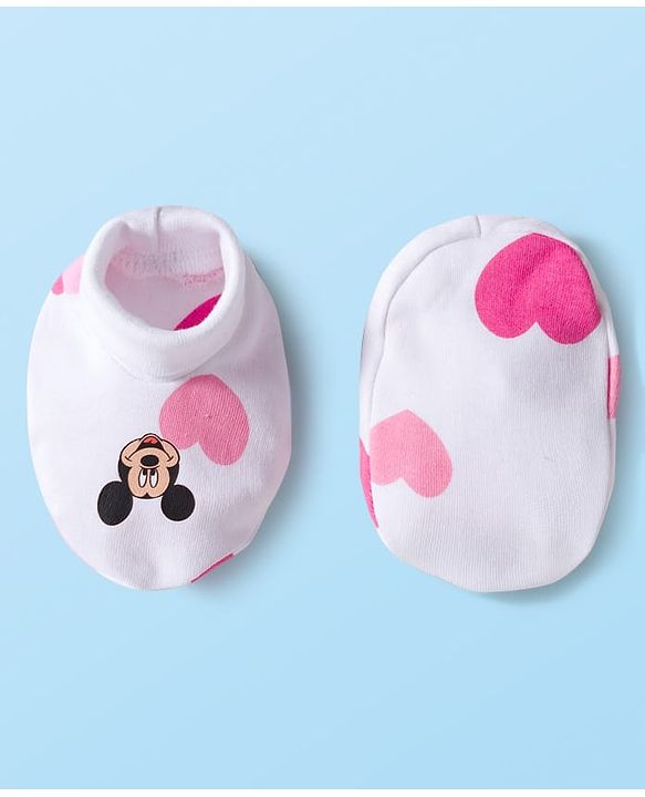 Babyhug Disney Interlock Knit Cap Mitten & Booties Set with Minnie Mouse & Friends White - Diameter 10 cm