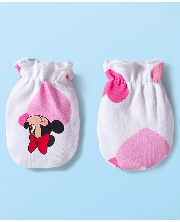 Babyhug Disney Interlock Knit Cap Mitten & Booties Set with Minnie Mouse & Friends White - Diameter 10 cm