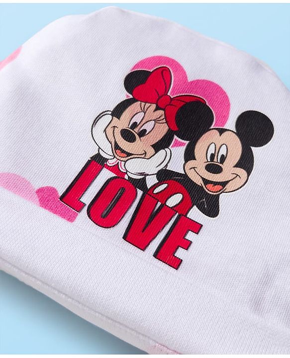 Babyhug Disney Interlock Knit Cap Mitten & Booties Set with Minnie Mouse & Friends White - Diameter 10 cm