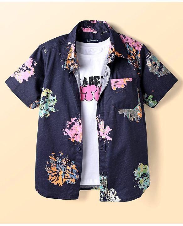 Pine Kids Cotton Woven Half Sleeves Abstract Printed Shirt with Inner Tee - Navy Blue