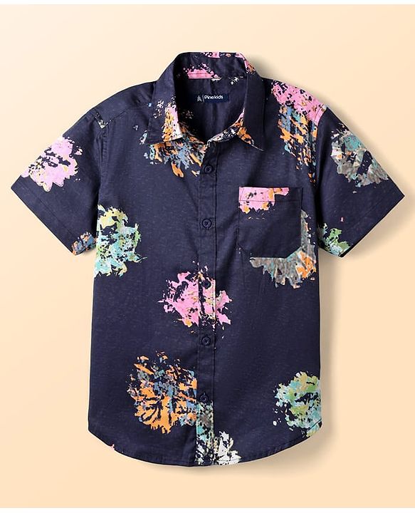 Pine Kids Cotton Woven Half Sleeves Abstract Printed Shirt with Inner Tee - Navy Blue
