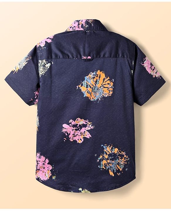 Pine Kids Cotton Woven Half Sleeves Abstract Printed Shirt with Inner Tee - Navy Blue