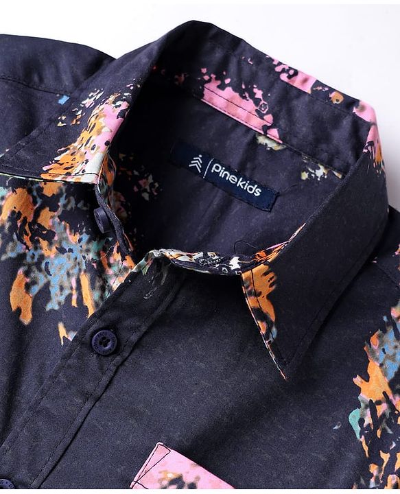 Pine Kids Cotton Woven Half Sleeves Abstract Printed Shirt with Inner Tee - Navy Blue