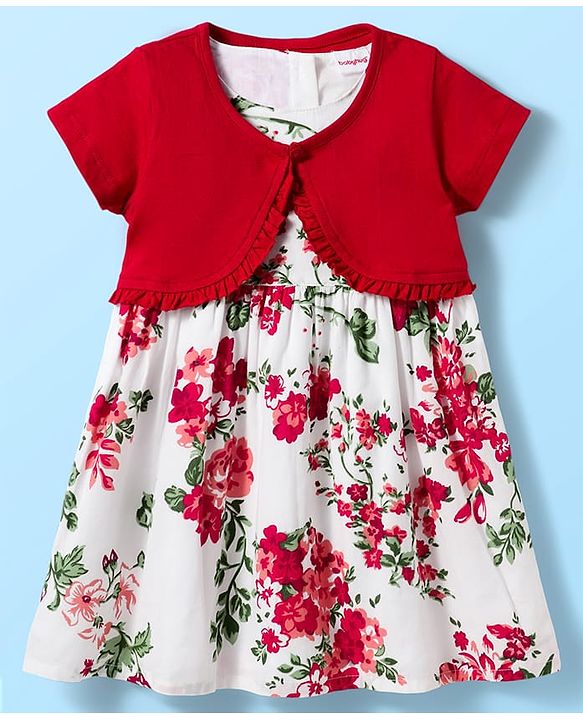 Babyhug Cotton Woven Half Sleeves Frock & Shrug With Floral Print & Frill Detailing - Red & White