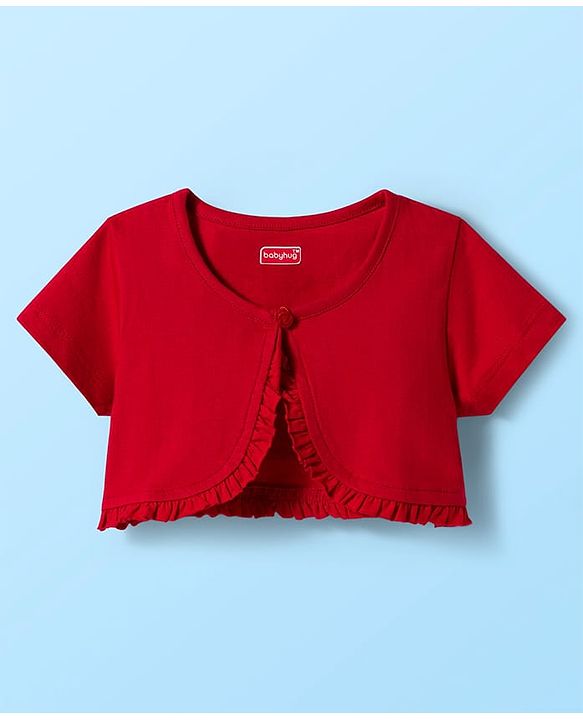 Babyhug Cotton Woven Half Sleeves Frock & Shrug With Floral Print & Frill Detailing - Red & White