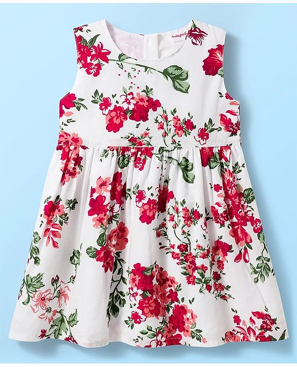 Babyhug Cotton Woven Half Sleeves Frock & Shrug With Floral Print & Frill Detailing - Red & White