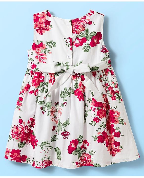 Babyhug Cotton Woven Half Sleeves Frock & Shrug With Floral Print & Frill Detailing - Red & White