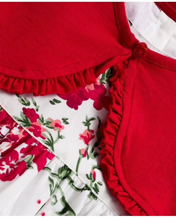 Babyhug Cotton Woven Half Sleeves Frock & Shrug With Floral Print & Frill Detailing - Red & White