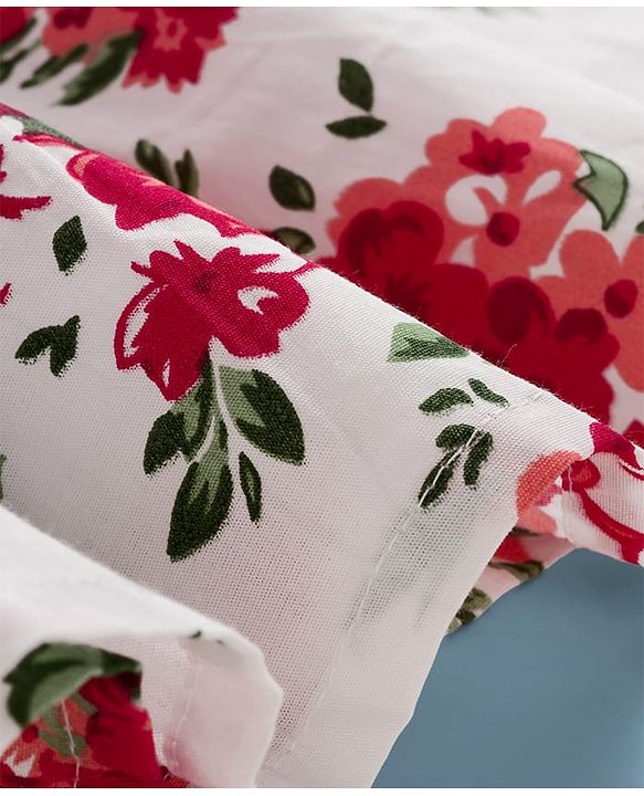 Babyhug Cotton Woven Half Sleeves Frock & Shrug With Floral Print & Frill Detailing - Red & White
