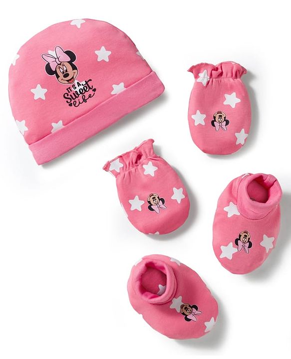Babyhug Disney Cap Mitten & Booties With Minnie Mouse Pink - Diameter 10 cm