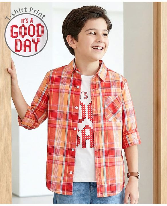 Pine Kids Cotton Woven Full Sleeves Checked Shirt with Inner Tee - Dark Orange & White