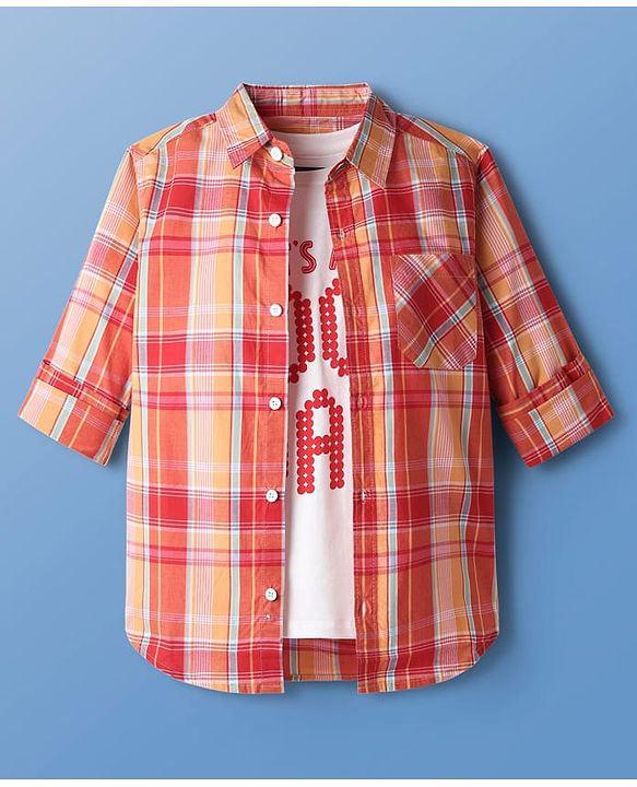 Pine Kids Cotton Woven Full Sleeves Checked Shirt with Inner Tee - Dark Orange & White