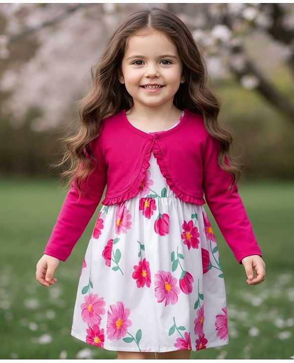 Babyhug Cotton Woven Floral Printed Frock with Full Sleeves Shrug - Dark Pink & White