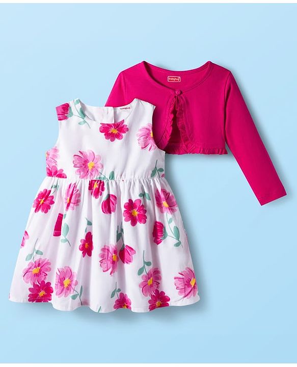 Babyhug Cotton Woven Floral Printed Frock with Full Sleeves Shrug - Dark Pink & White