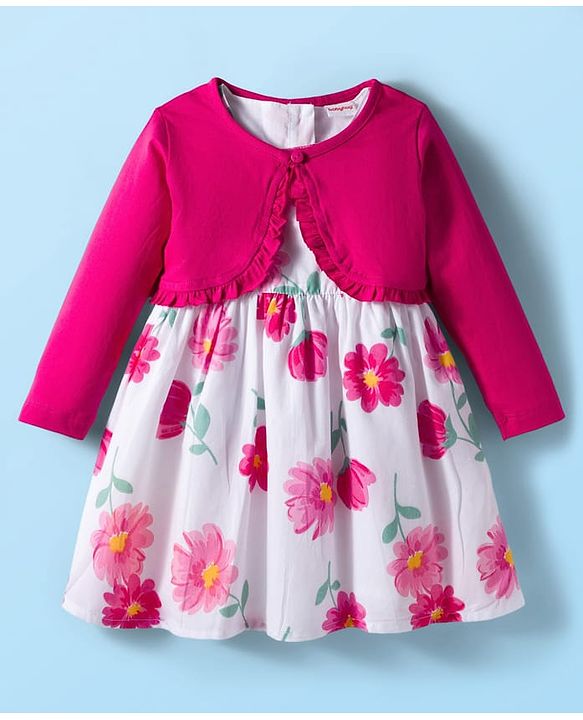 Babyhug Cotton Woven Floral Printed Frock with Full Sleeves Shrug - Dark Pink & White