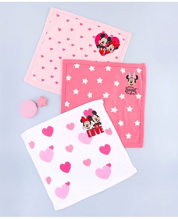 Babyhug Disney Interlock Knit Hand & Face Towel with Minnie Mouse Graphics Pack of 3 L 33 x B 33 - Pink White & Dark Pink