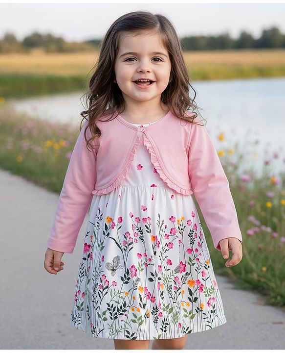 Babyhug Cotton Woven Floral Printed Frock with Full Sleeves Shrug - Pink & White