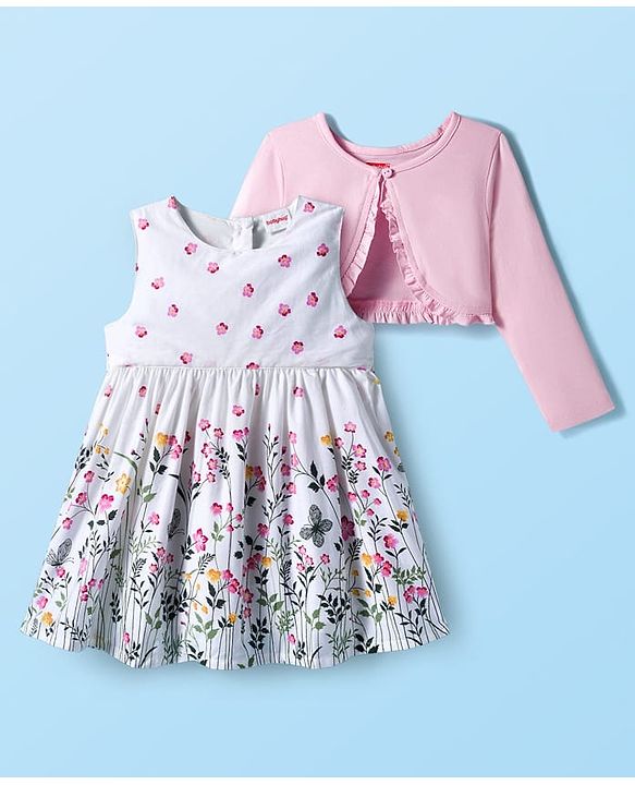 Babyhug Cotton Woven Floral Printed Frock with Full Sleeves Shrug - Pink & White