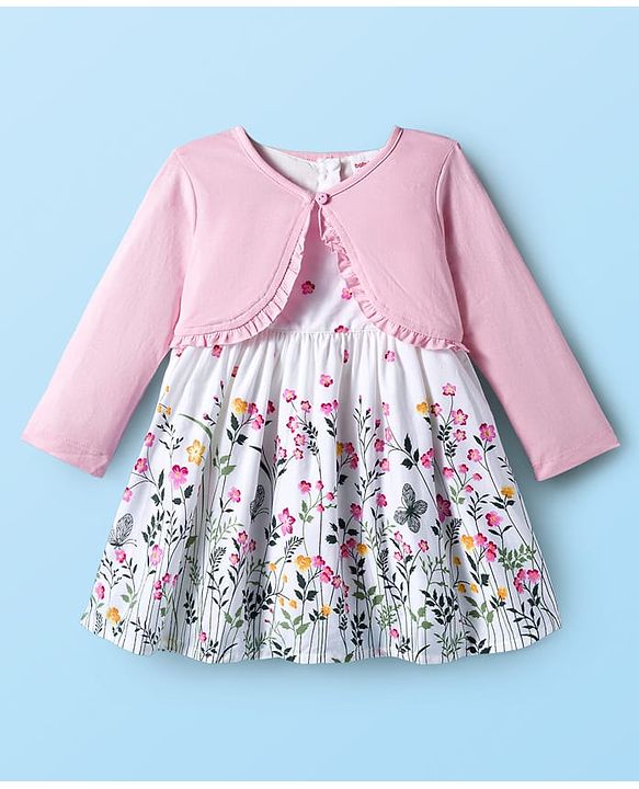 Babyhug Cotton Woven Floral Printed Frock with Full Sleeves Shrug - Pink & White