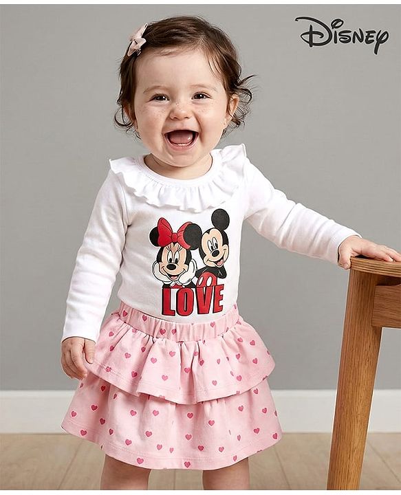 Babyhug Disney Interlock  Knit Full Sleeves Onesie and Skirt with Minnie & Friends Graphic - Pink & White