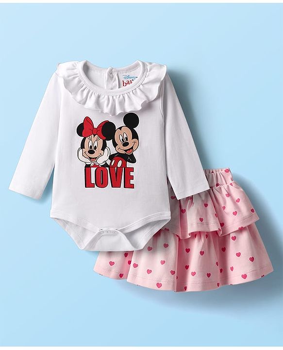 Babyhug Disney Interlock  Knit Full Sleeves Onesie and Skirt with Minnie & Friends Graphic - Pink & White