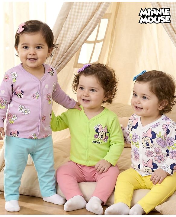 Babyhug Disney Interlock Knit Full Sleeves Jhablas With Minnie Mouse Graphics pack Of 3 - Lime Green Purple & White