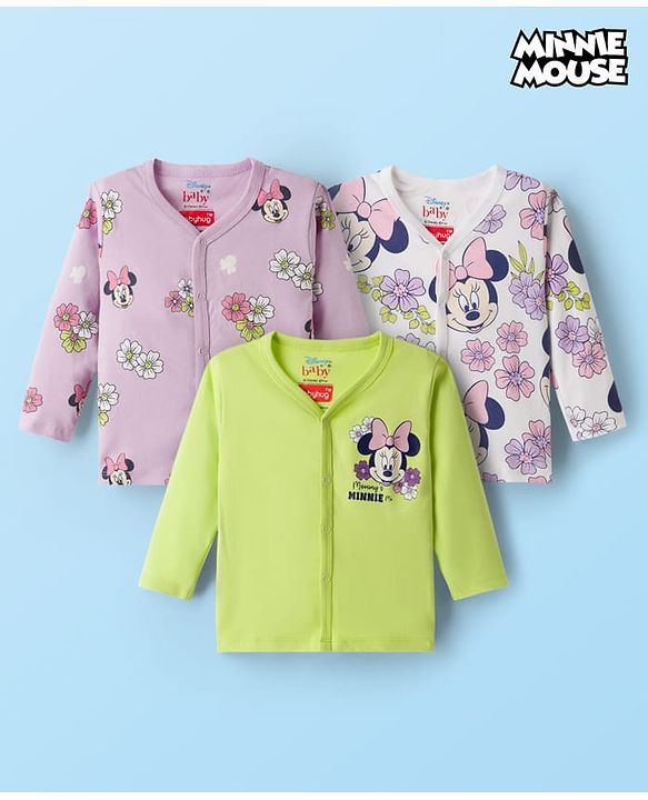 Babyhug Disney Interlock Knit Full Sleeves Jhablas With Minnie Mouse Graphics pack Of 3 - Lime Green Purple & White