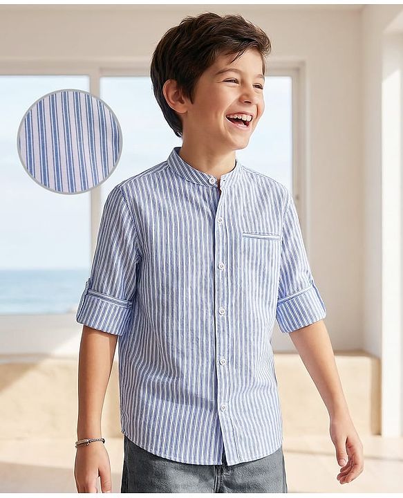 Pine Kids Cotton Woven Full Sleeves Striped Shirt with Mandarin Collar - Sky Blue & White