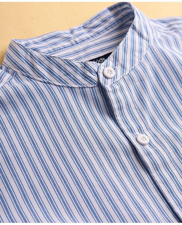 Pine Kids Cotton Woven Full Sleeves Striped Shirt with Mandarin Collar - Sky Blue & White