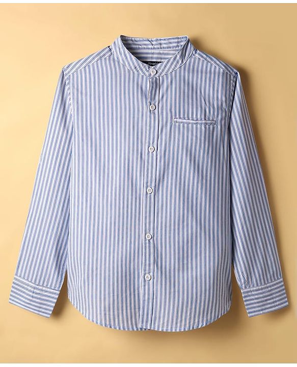 Pine Kids Cotton Woven Full Sleeves Striped Shirt with Mandarin Collar - Sky Blue & White