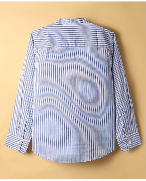 Pine Kids Cotton Woven Full Sleeves Striped Shirt with Mandarin Collar - Sky Blue & White