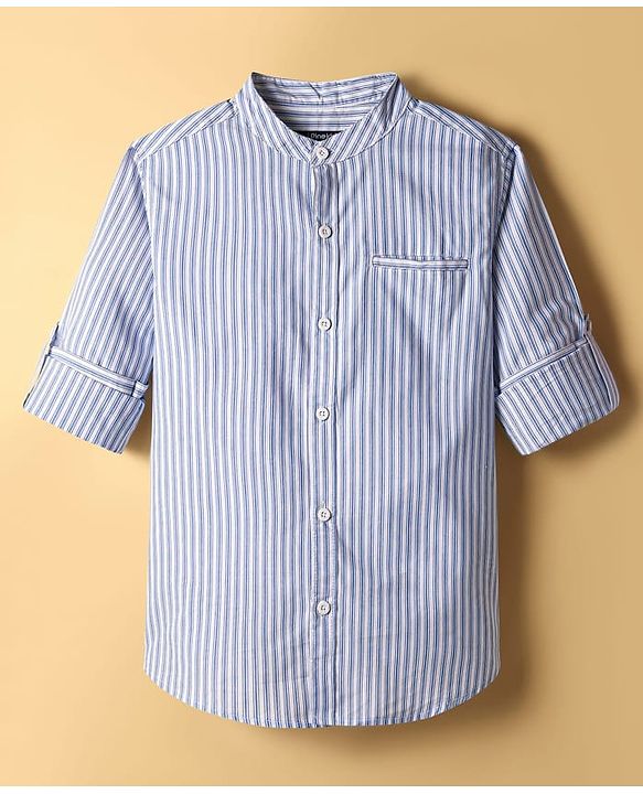 Pine Kids Cotton Woven Full Sleeves Striped Shirt with Mandarin Collar - Sky Blue & White