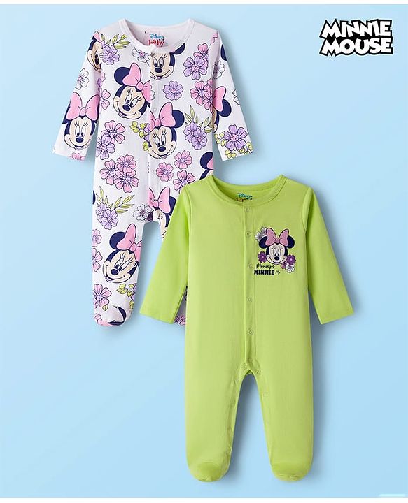 Babyhug Disney Interlock Knit Full Sleeves Footed Sleepsuit With Minnie Mouse Graphics Pack Of 2 - Green & White